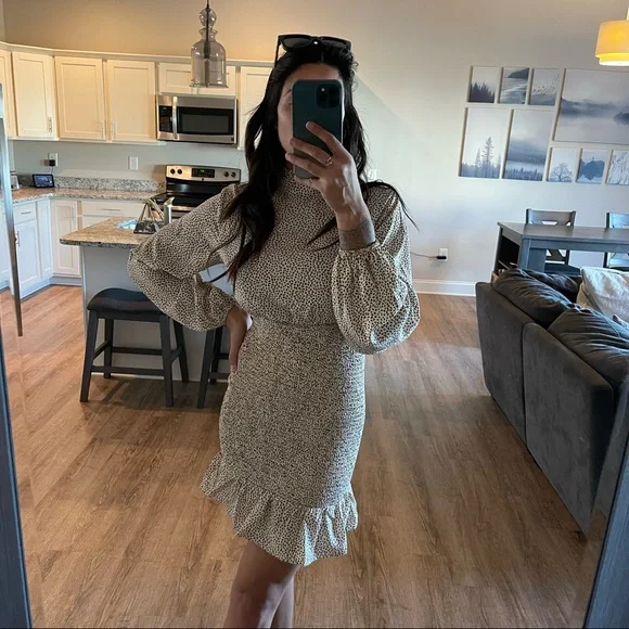 Billowy Beige Mini Dress - Picture 1 of 12